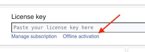 The Ilograph Desktop license window with an arrow pointing to the 'Offline activation' button