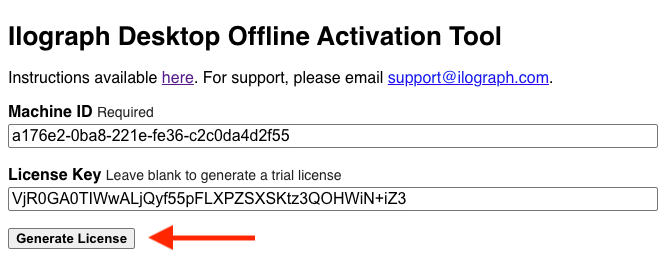 The Ilograph Desktop Offline Activation Tool with both fields filled out