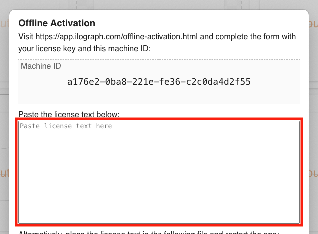 The Ilograph Desktop offline validation window with an arrow pointing to the license text area